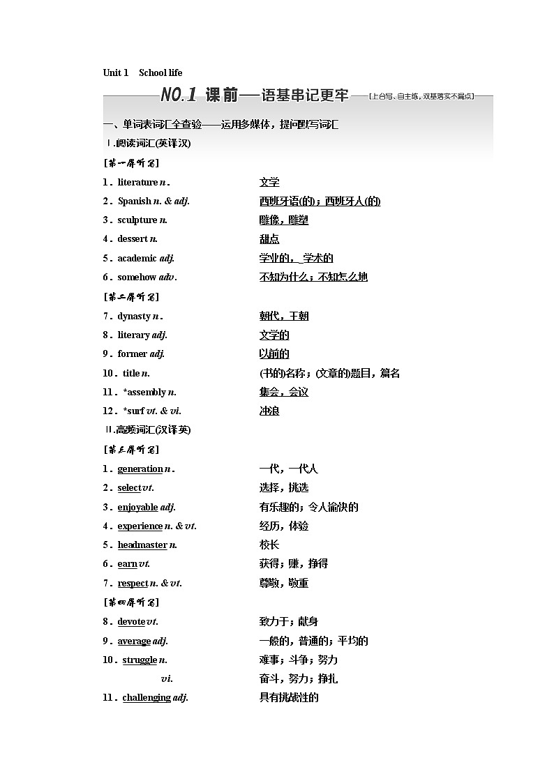2020版一轮复习英语译林江苏专版学案：必修1Unit1Schoollife01