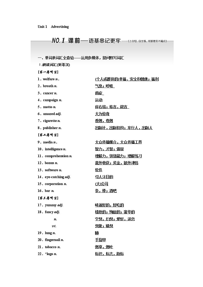 2020版一轮复习英语译林江苏专版学案：必修4Unit1Advertising01