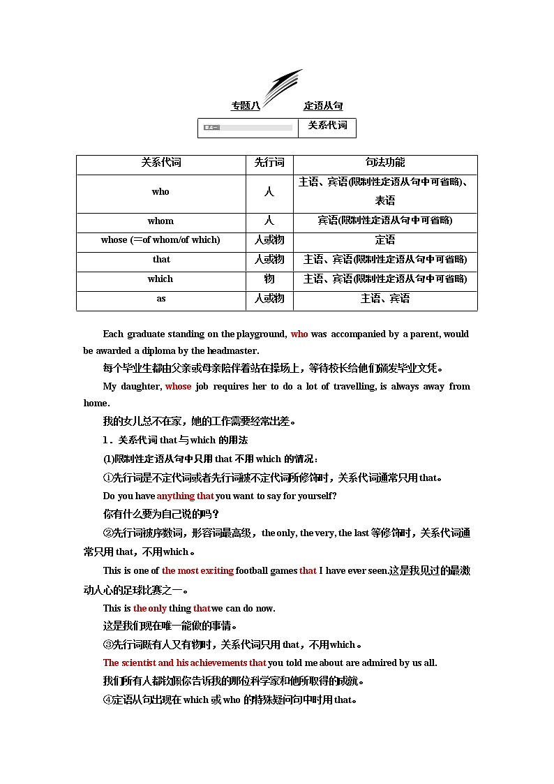 2020版一轮复习英语新课改·外研版学案：专题八定语从句01