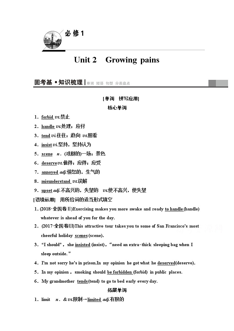 2020版新一线高考英语（译林版）一轮复习教学案：第1部分必修1Unit2　Growingpains01