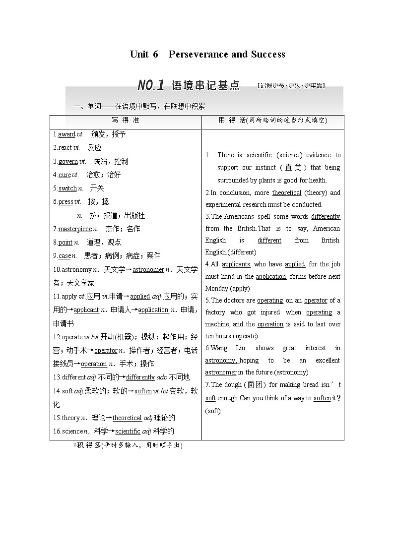 2020版高考英语新设计一轮复习重大版讲义：必修3Unit6PerseveranceandSuccess01