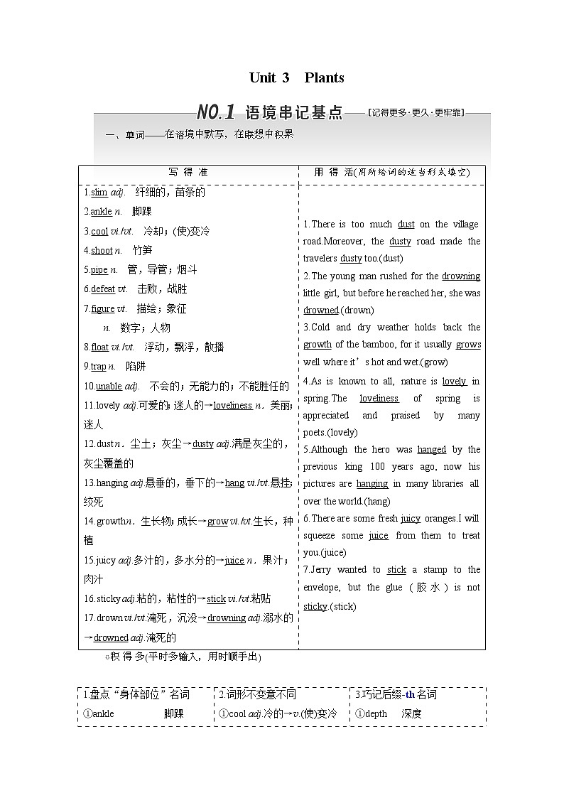 2020版高考英语新设计一轮复习重大版讲义：必修4Unit3Plants01