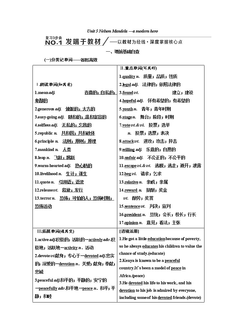 2020版高考英语新创新一轮复习人教全国版讲义：必修1Unit5NelsonMandela—amodernhero第1页