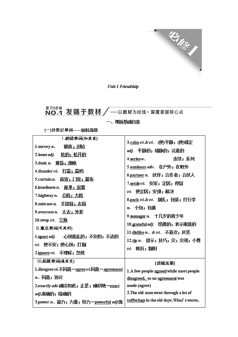 2020版高考英语新创新一轮复习人教全国版讲义：必修1Unit1Friendship第1页