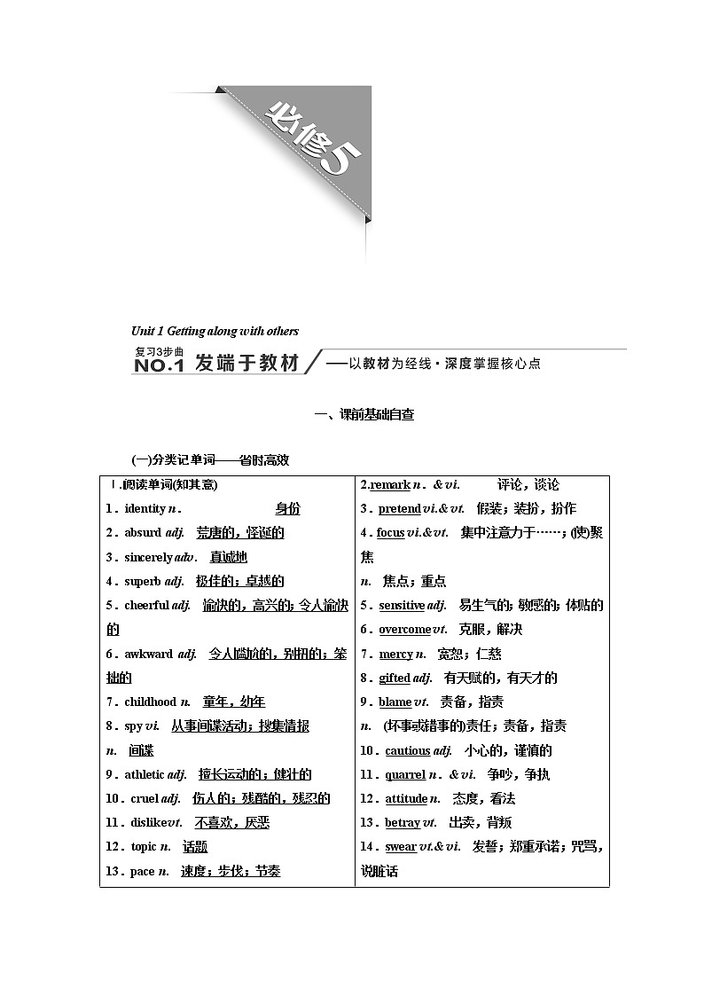 2020版高考新创新一轮复习英语译林版学案：必修5Unit1Gettingalongwithothers01