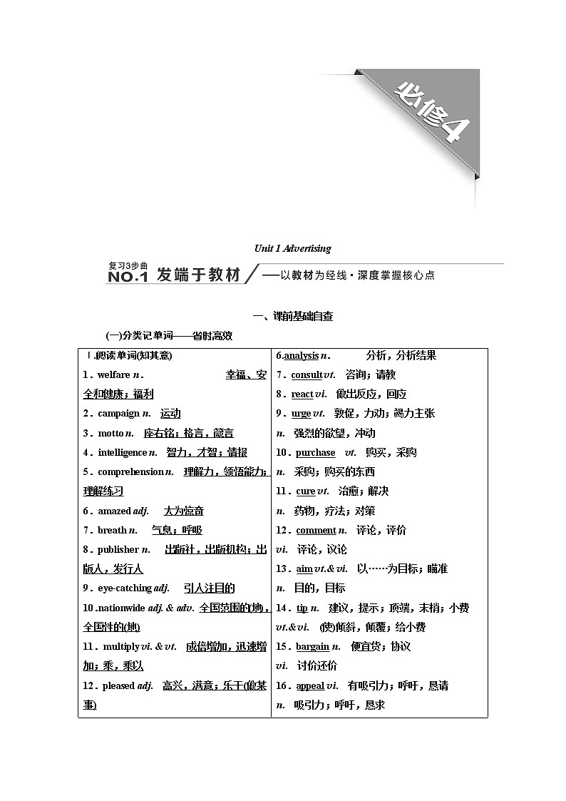 2020版高考新创新一轮复习英语译林版学案：必修4Unit1Advertising01