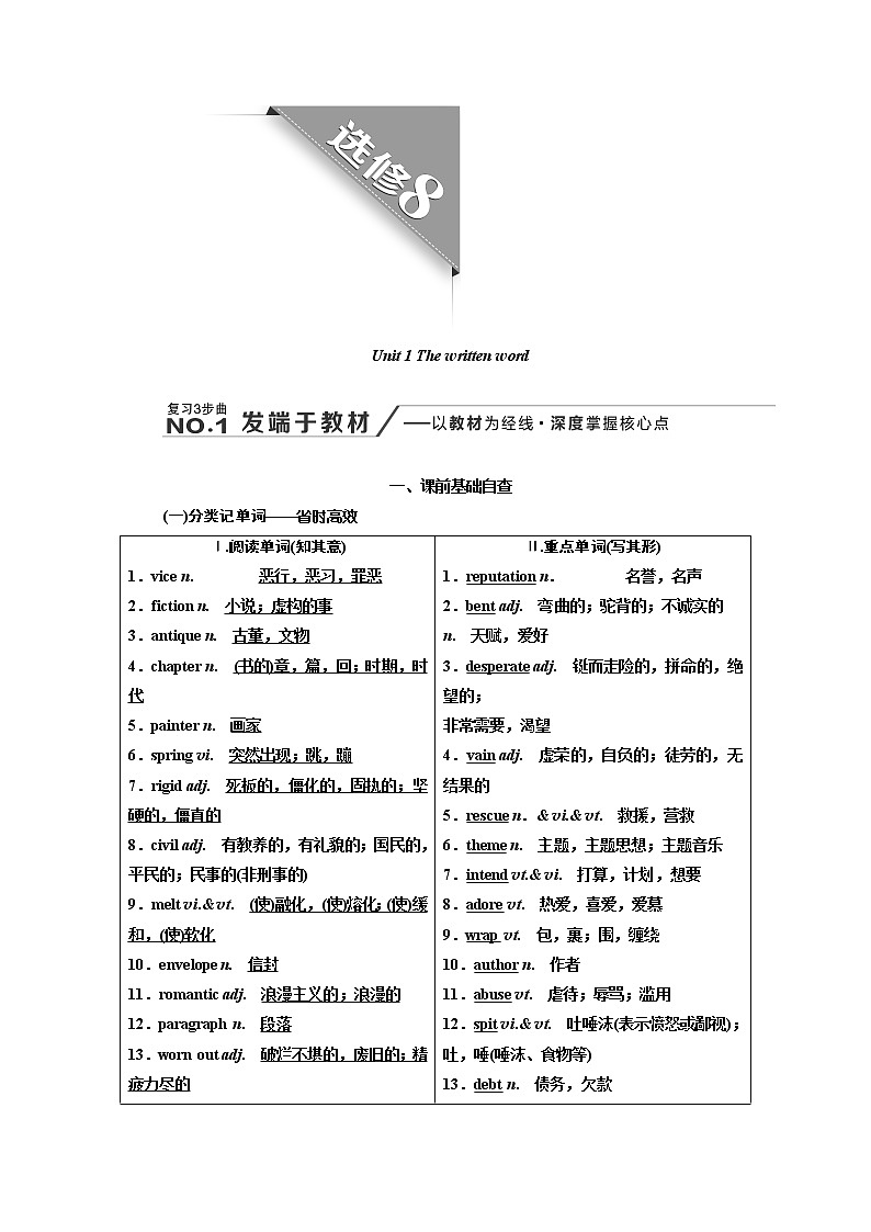 2020版高考新创新一轮复习英语译林版学案：选修8Unit1Thewrittenword01
