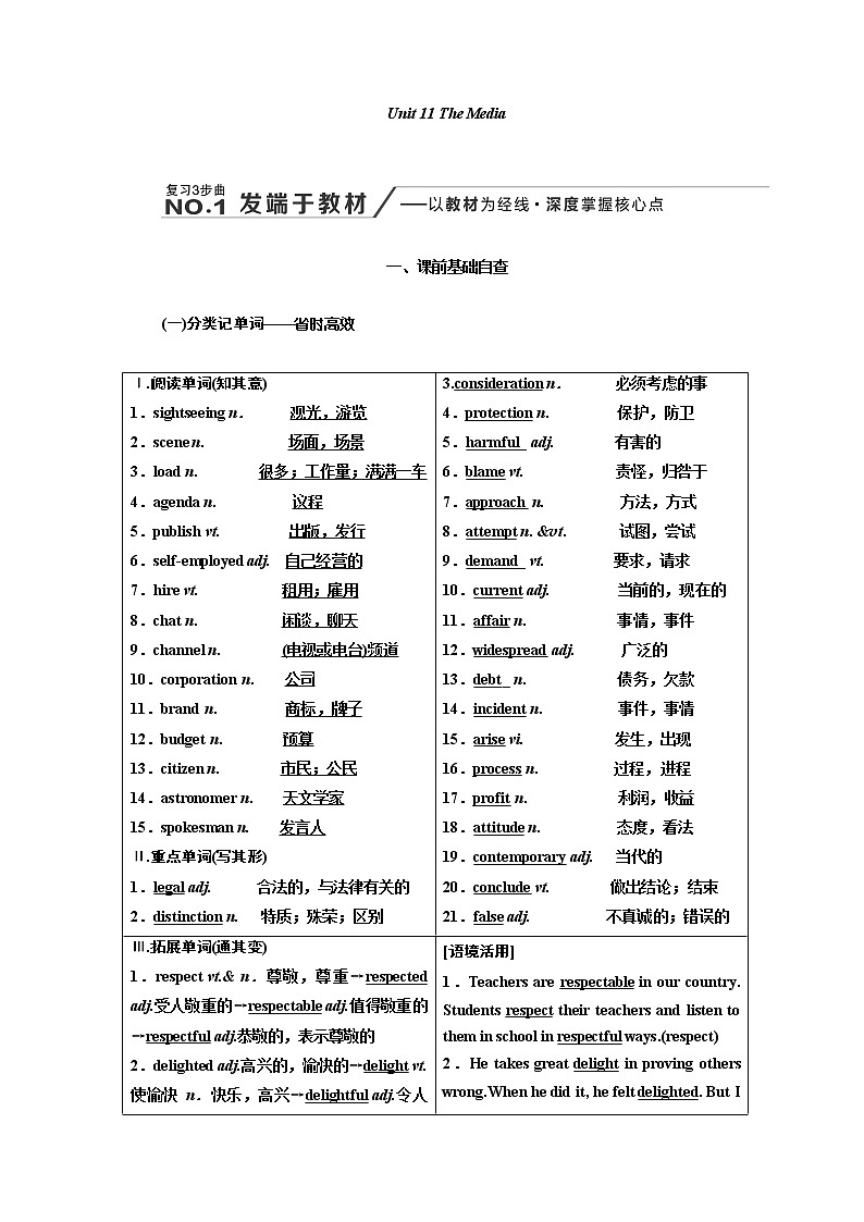 2020版高考新创新一轮复习英语北师大版学案：必修4Unit11TheMedia01