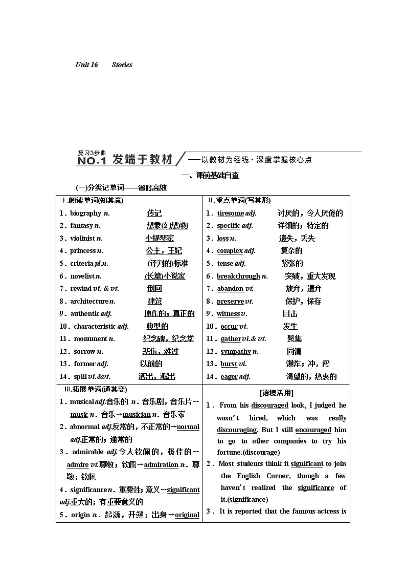2020版高考新创新一轮复习英语北师大版学案：选修6Unit16Stories01