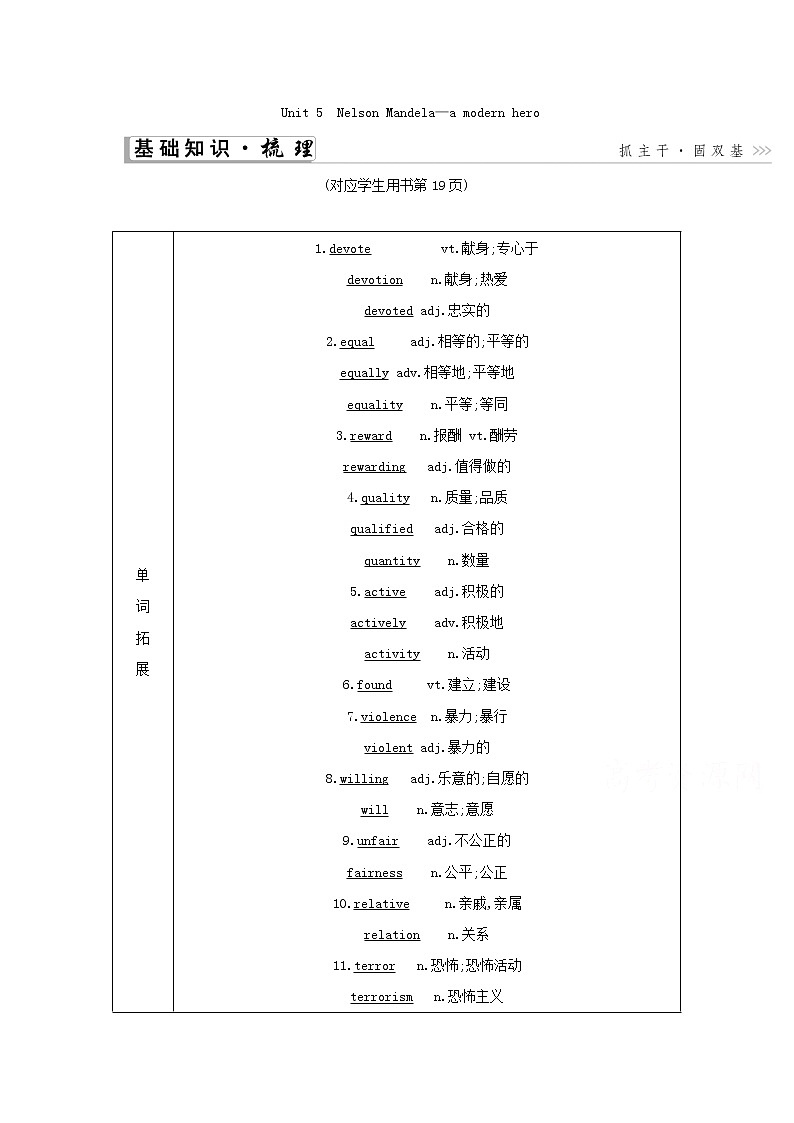 2021届人教版一轮复习学案：必修1Unit5　NelsonMandela—amodernhero01