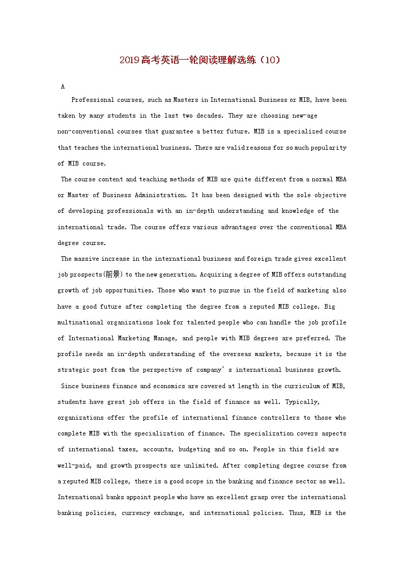 2019高考英语一轮复习阅读理解选练10（含解析）第1页