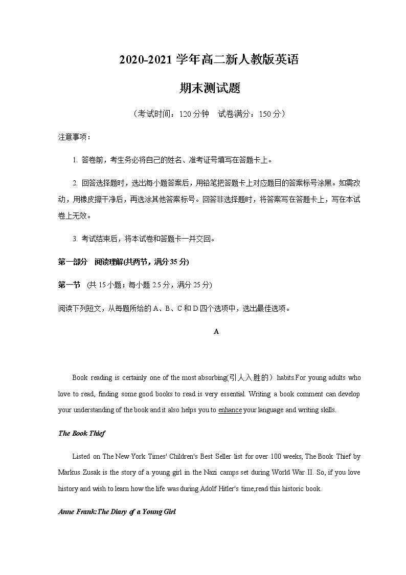 2020-2021学年人教版2019高二英语上学期期末测试卷02（word版含答案）01