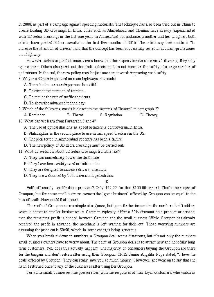 山西省榆社中学2021届高三上学期第六次模块诊断 英语(含答案) 试卷03