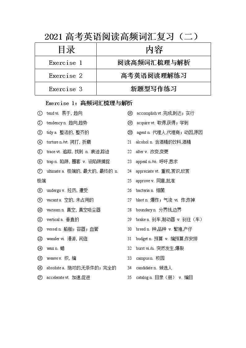 2021届高考英语阅读高频词汇复习（二） 学案01