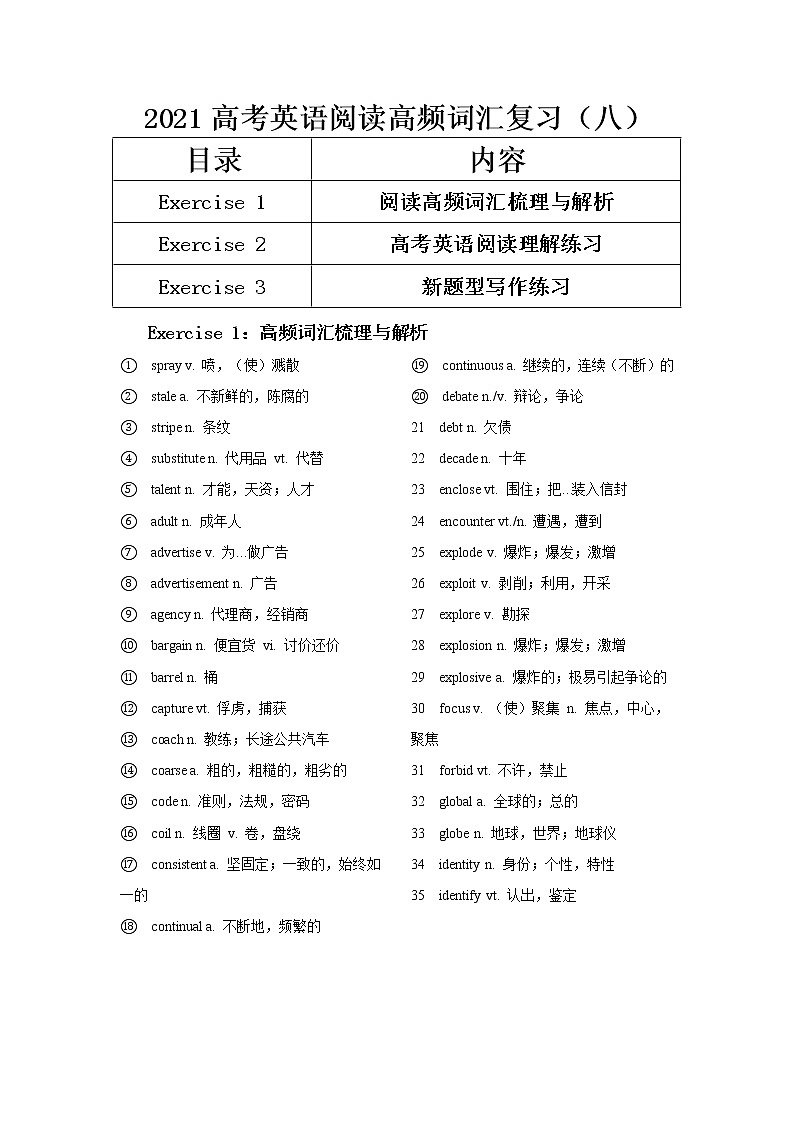 2021届高考英语阅读高频词汇复习（八） 学案01