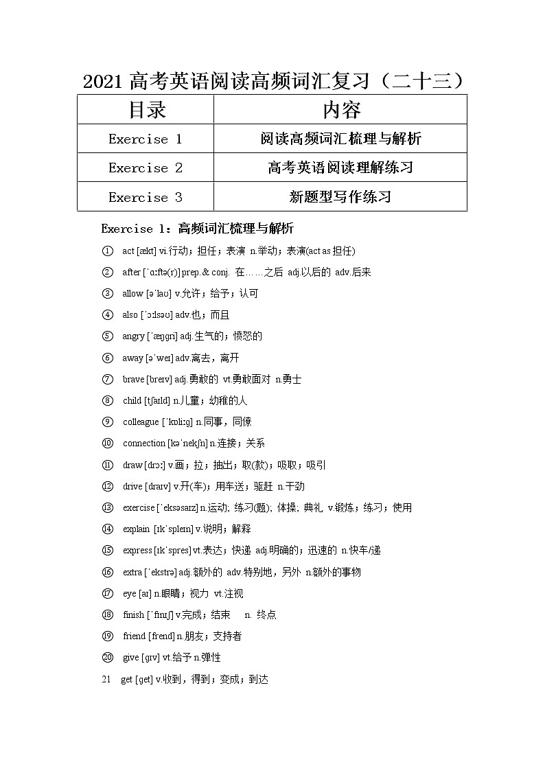 2021届高考英语阅读高频词汇复习（二十三） 学案01