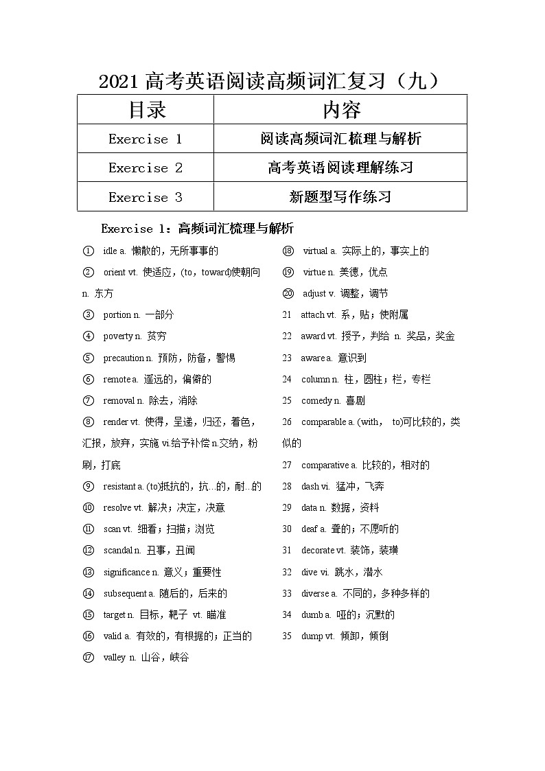 2021届高考英语阅读高频词汇复习（九） 学案01