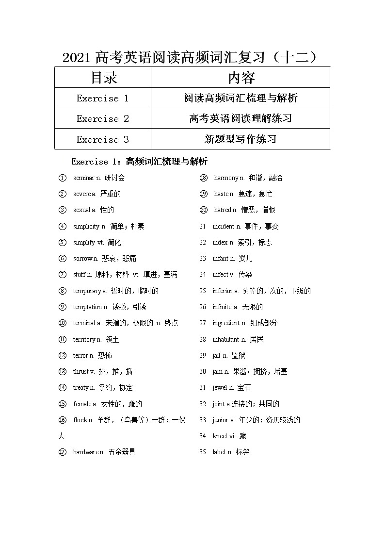 2021届高考英语阅读高频词汇复习（十二）第1页