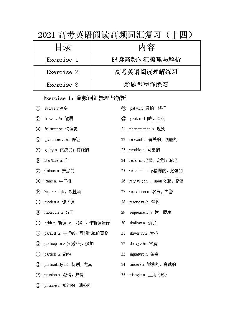 2021届高考英语阅读高频词汇复习（十四） 学案01