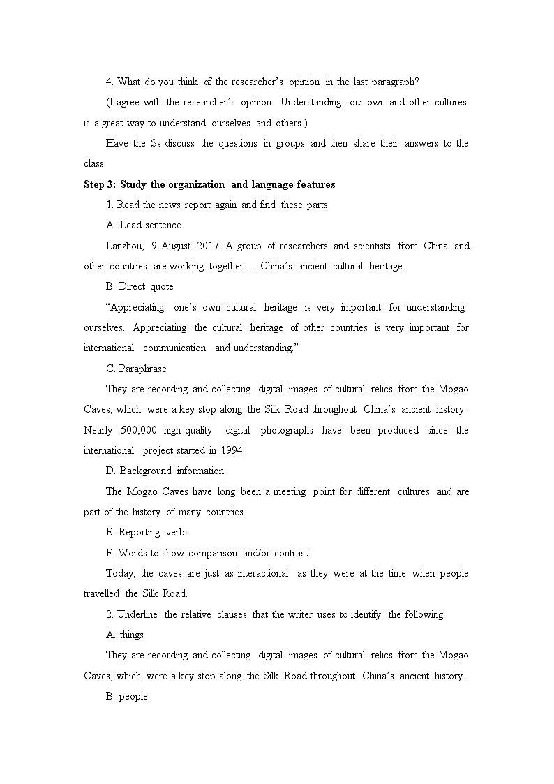 人教版（2019）高中英语必修二(教案)Unit 1 CULTURAL HERITAGE-Reading for Writing02