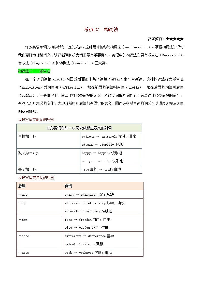 2021届高考英语一轮复习考点07构词法考点归纳 试卷01