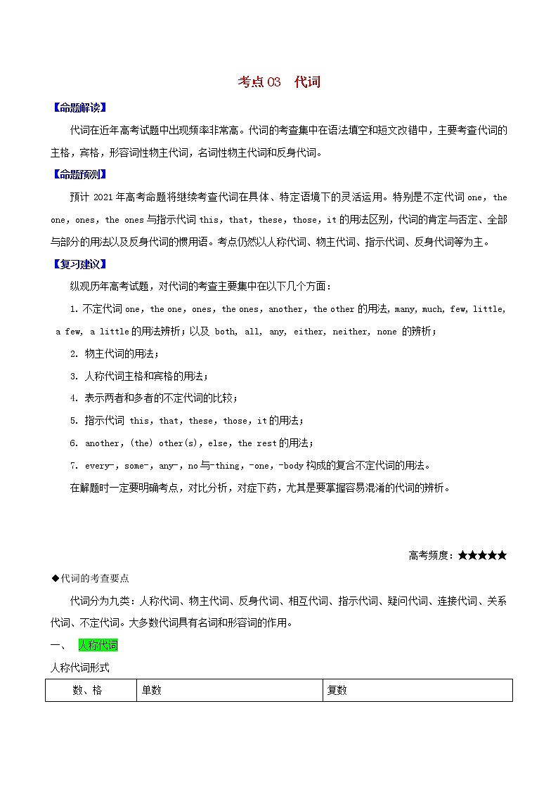 2021届高考英语一轮复习考点03代词考点归纳 试卷01