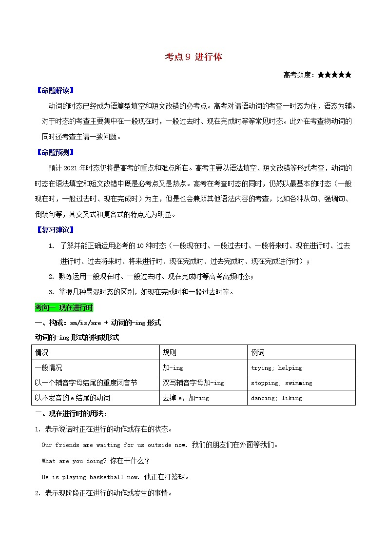 2021届高考英语一轮复习考点09进行体考点归纳 试卷01