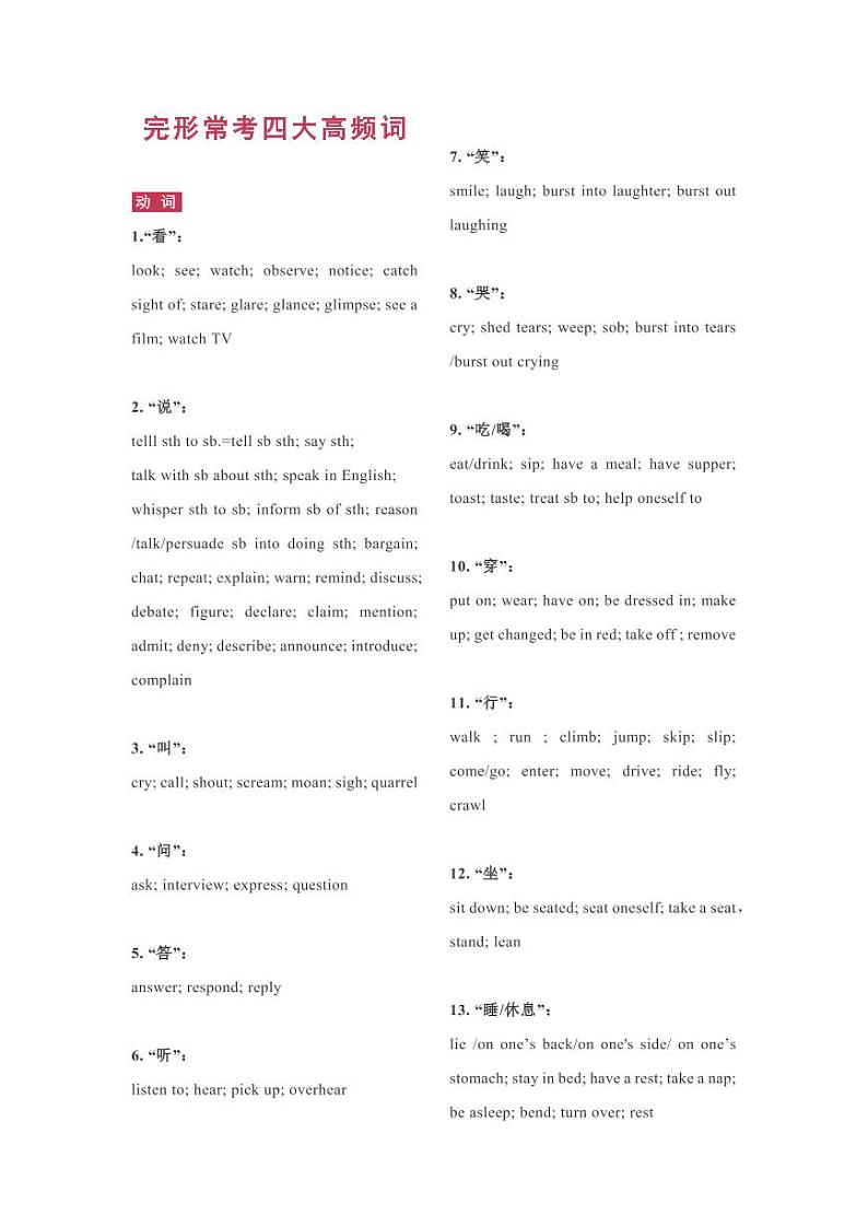 高中完形高频词期末复习总结梳理01