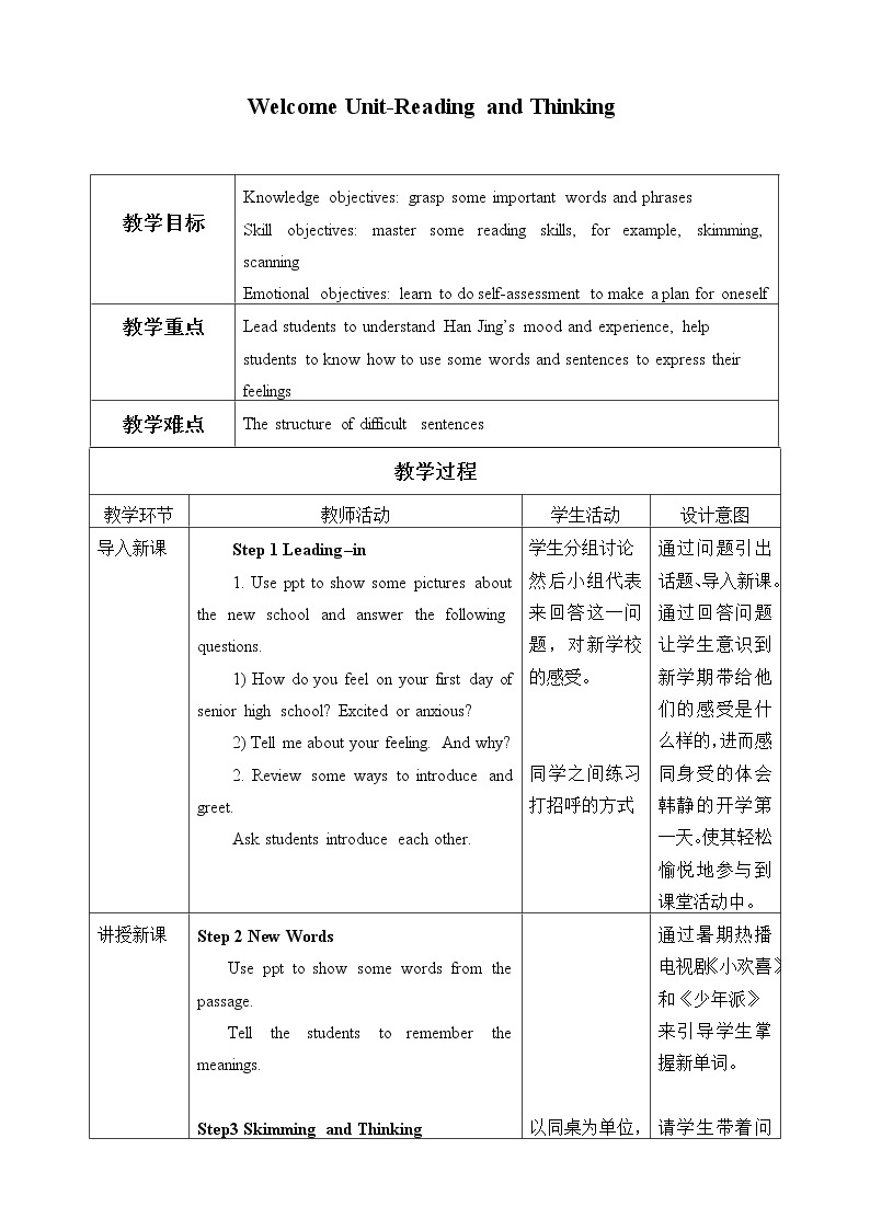 Welcome Unit-Reading and Thinking教案01