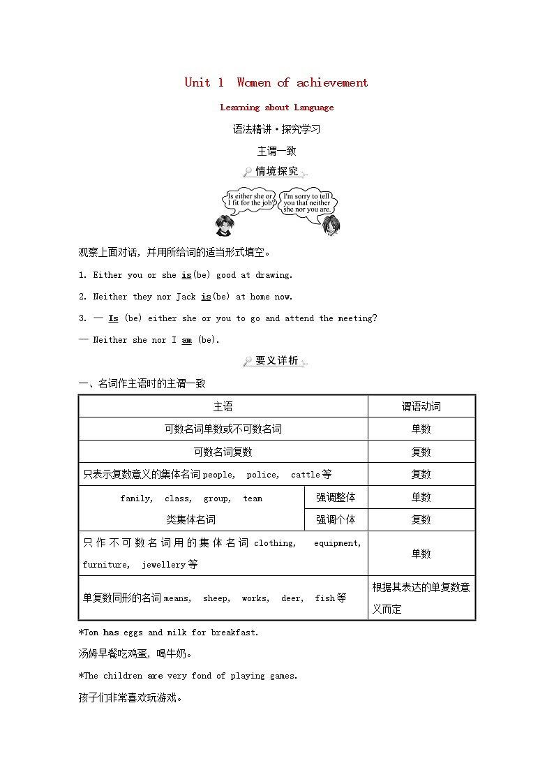 【精品】高中英语 人教版 必修4 Unit1WomenofachievementLearningaboutLanguage练习（含解析）01