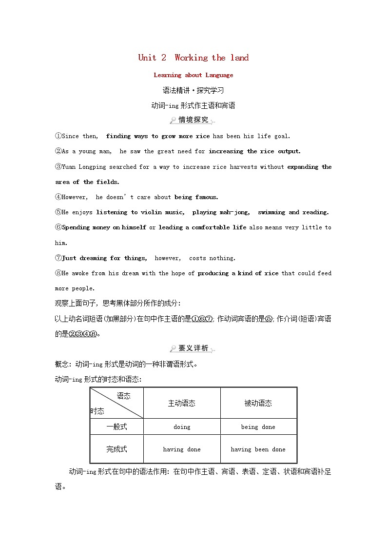 【精品】高中英语 人教版 必修4 Unit2WorkingthelandLearningaboutLanguage练习（含解析）01