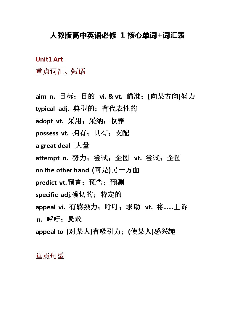 人教版高中英语必修 1 核心单词+词汇表 教案01