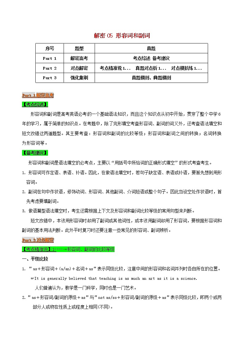 2021届高考英语二轮复习专项解密05形容词和副词含解析 练习01