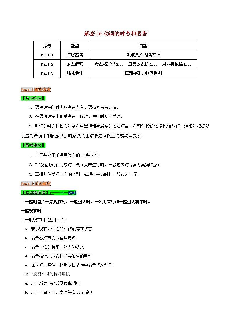 2021届高考英语二轮复习专项解密06动词的时态和语态含解析 练习01