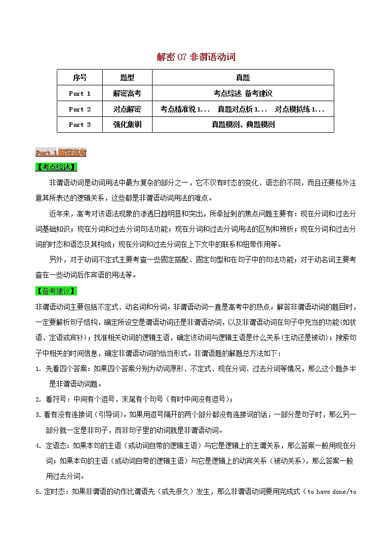 2021届高考英语二轮复习专项解密07非谓语动词含解析 练习01