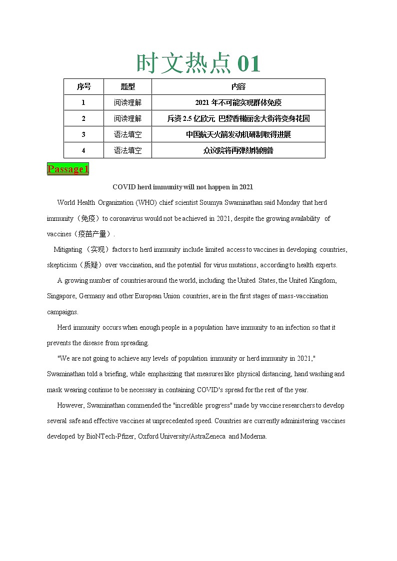 时文热点01--2021年高考英语时文热点之原创特训组合练（阅读理解+语法填空）第1页
