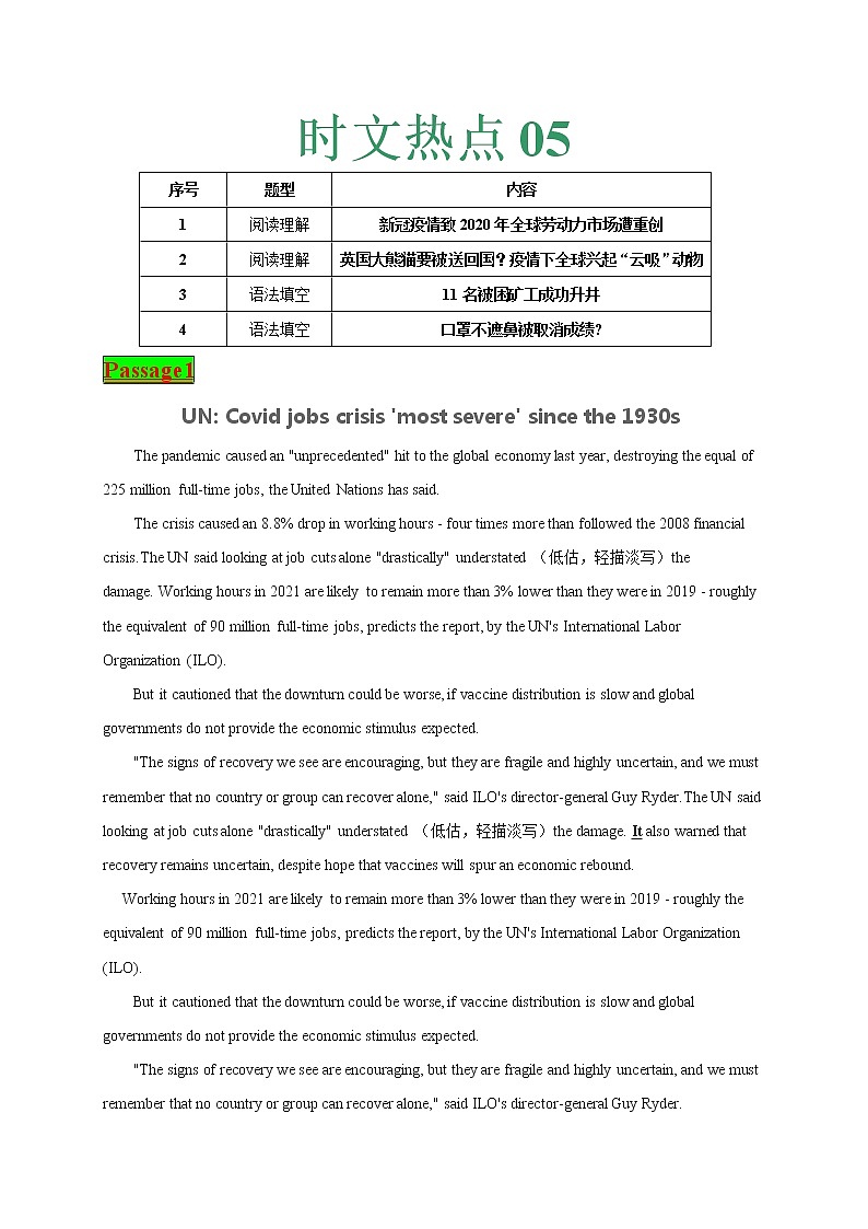时文热点05--2021年高考英语时文热点之原创特训组合练（阅读理解+语法填空）第1页