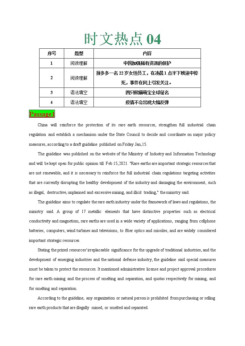 时文热点04-2021年高考英语时文热点之原创特训组合练（阅读理解+语法填空）第1页