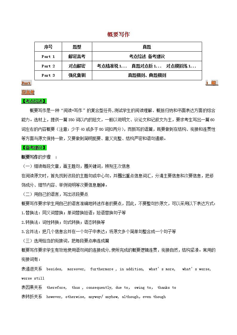 2021届高考英语二轮复习专项解密25书面表达之概要写作含解析 练习01
