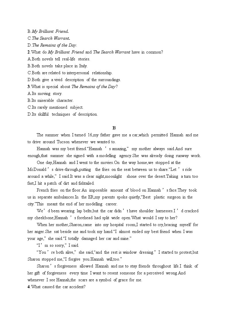 2021届高考英语外研版一轮复习  必修5 Module 1 阅读理解题组02