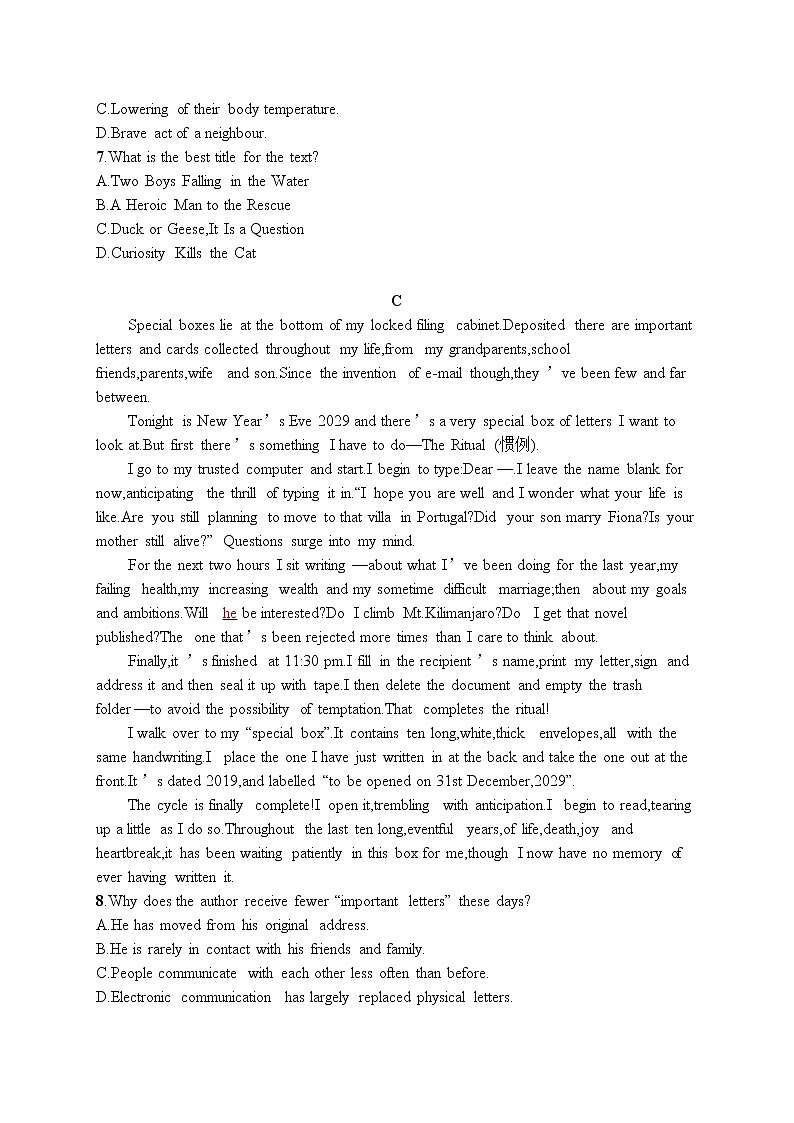 2021届高考英语外研版一轮复习  必修3 Module 1 阅读理解题组03