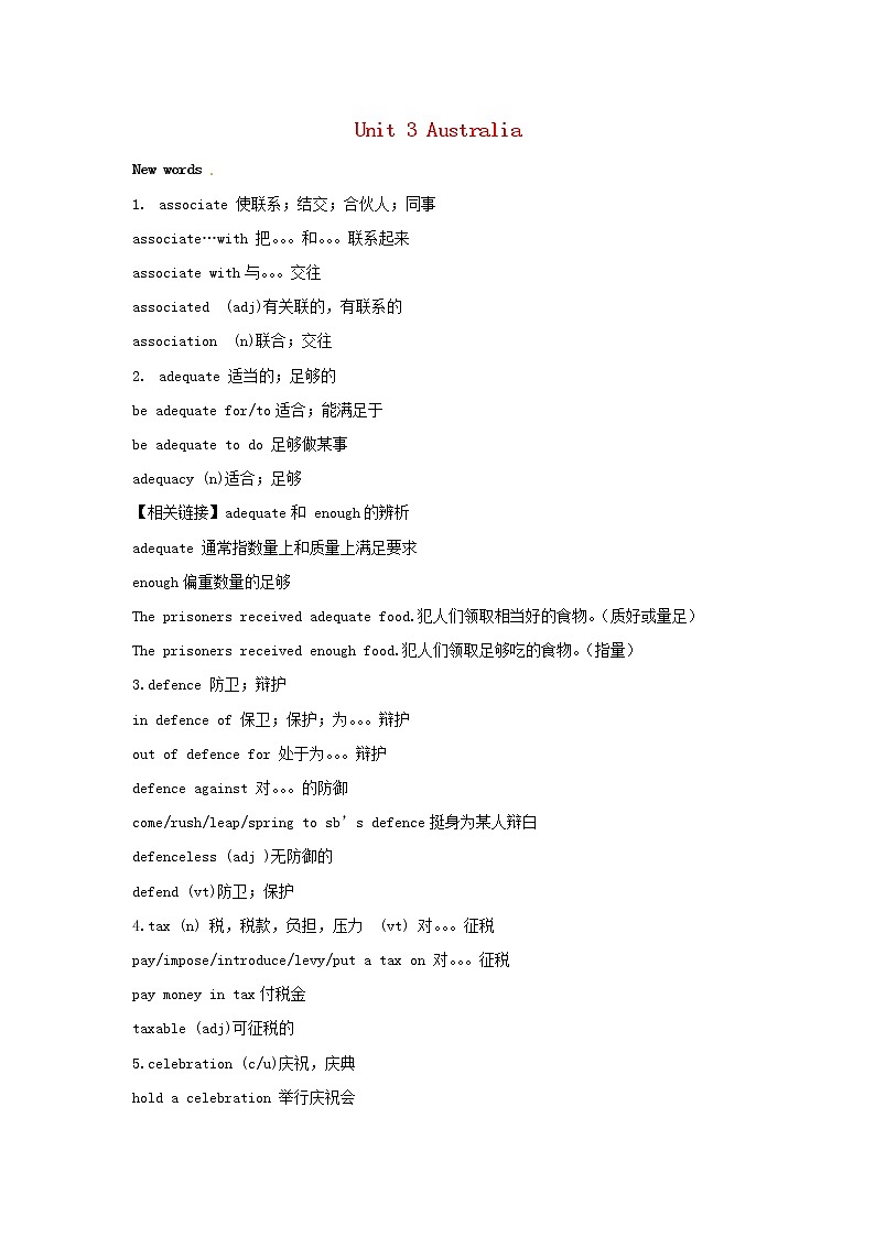 高中英语 Unit 3 Australia 单词词汇汇总 新人教版选修9 试卷01