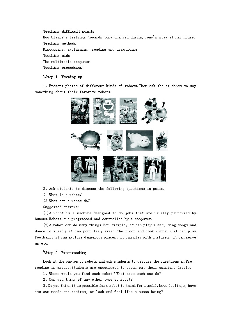 高中英语《Unit2 Robots Period 1 Reading》教案 新人教版选修703