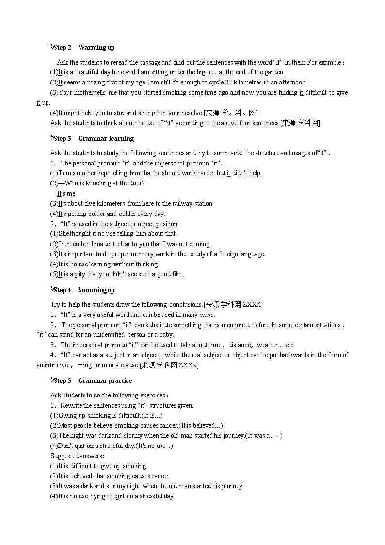 Unit 3 A healthy life Period 3 Grammar—the Use of “It”(1) 优秀教案（人教版选修6）02