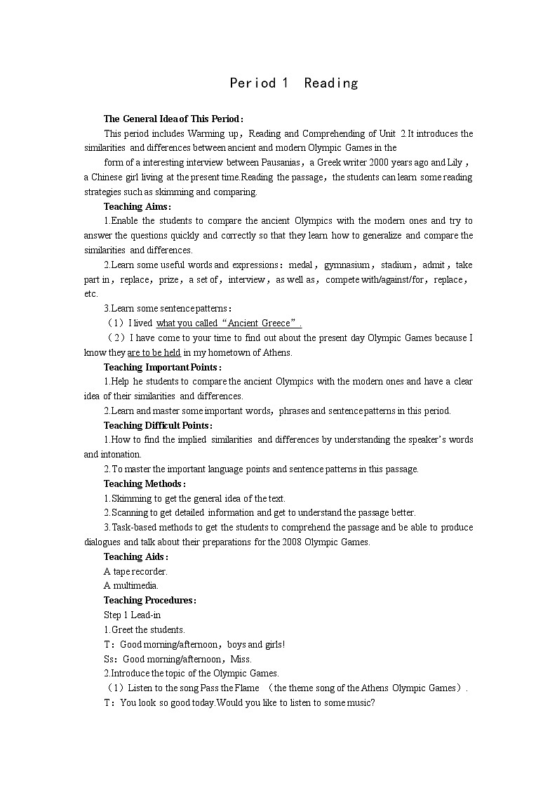 英语优秀教案（人教版）：必修二（Unit2 The Olympic Games--Period1 Reading）01