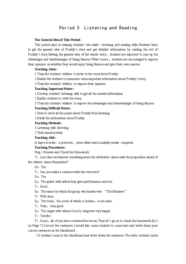 英语优秀教案（人教版）：必修二（Unit5 Music--Period3 Listening and Reading）01