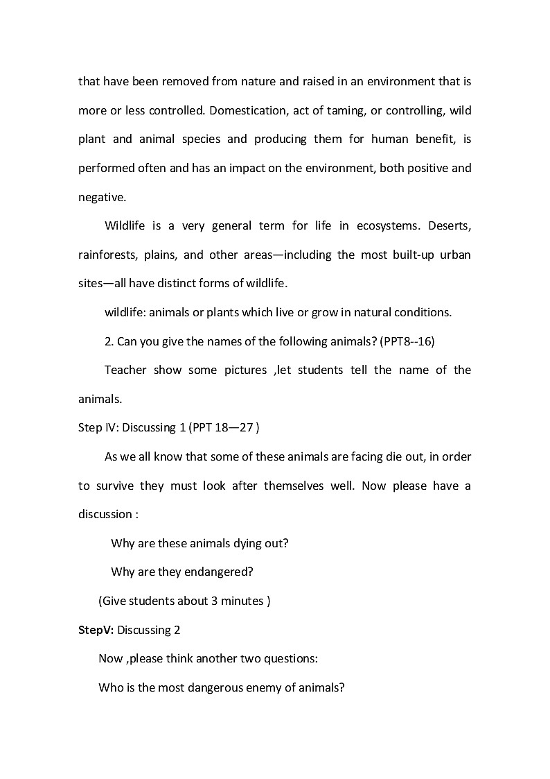 人教版高中英语必修二教案：Unit 4 Wildlife protection Period 2 Warming up and pre-reading02