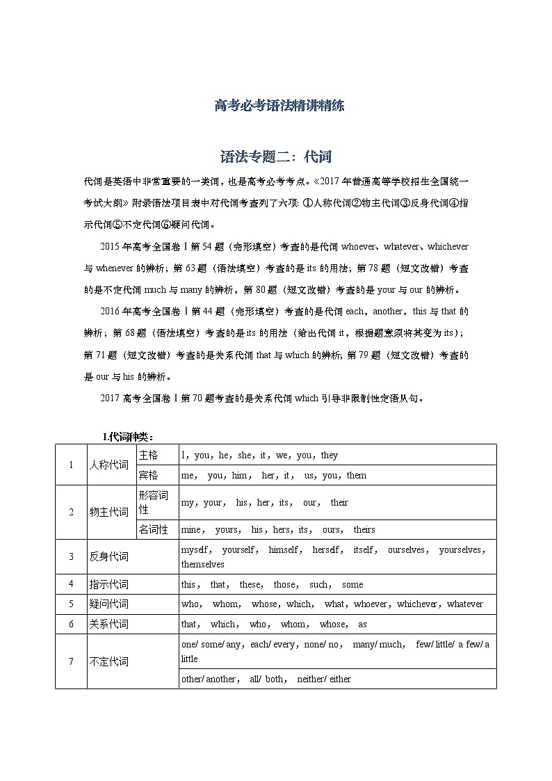 高考必考语法精讲精练专题二：代词 Word版含解析01