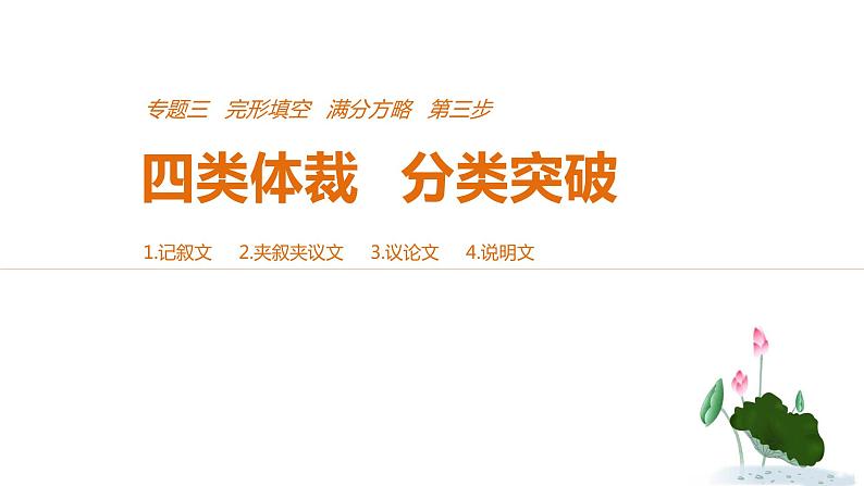 2021年高考英语全国专用考前三个月课件：专题三 完形填空 满分方略 第三步 体裁突破（四）第1页