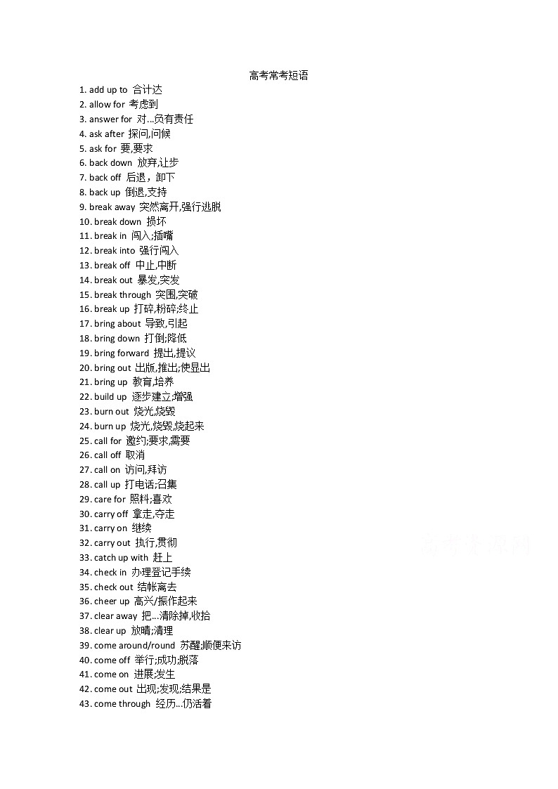 高三英语短语与词汇复习资料汇总：高考常考短语第1页